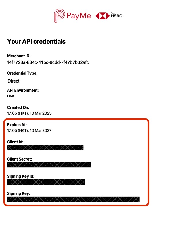 PayMe API credentials example
